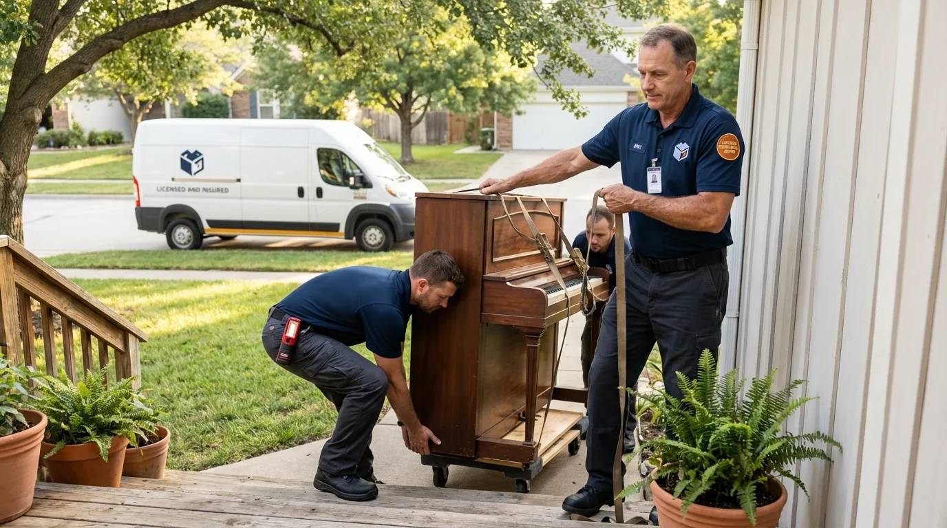 Licensed piano movers securing grand piano in Washington, KS