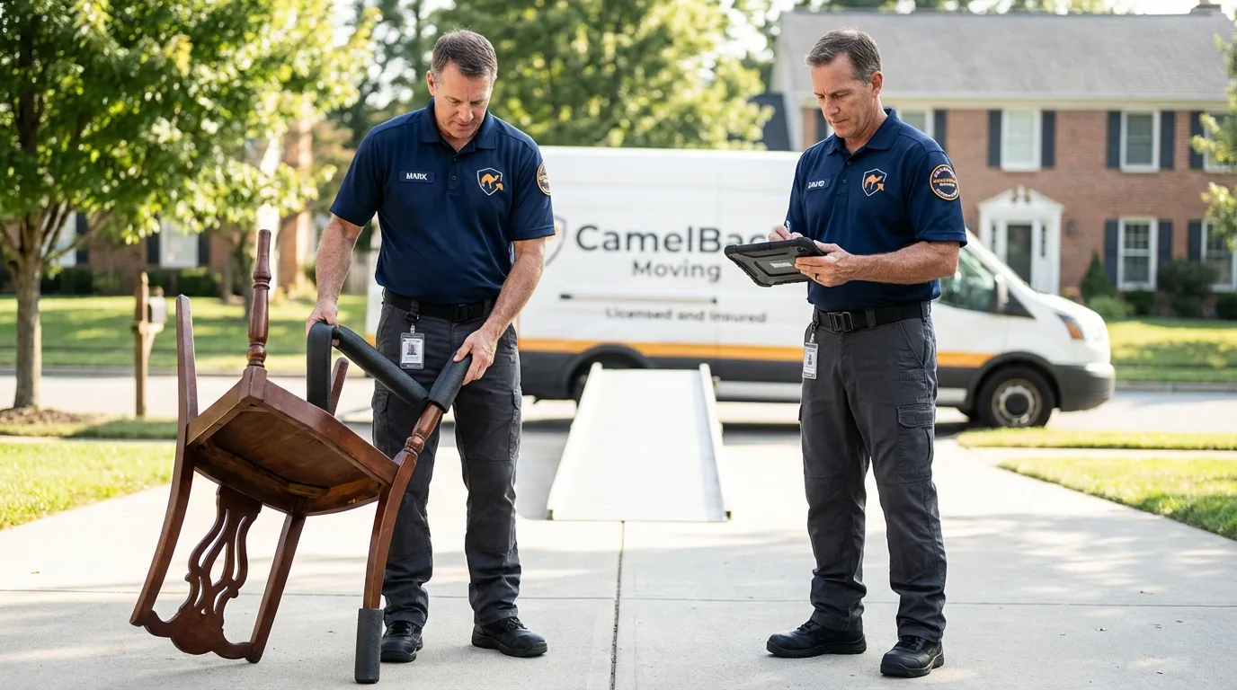 Movers inspecting furniture for damage prevention before loading in Washington, KS