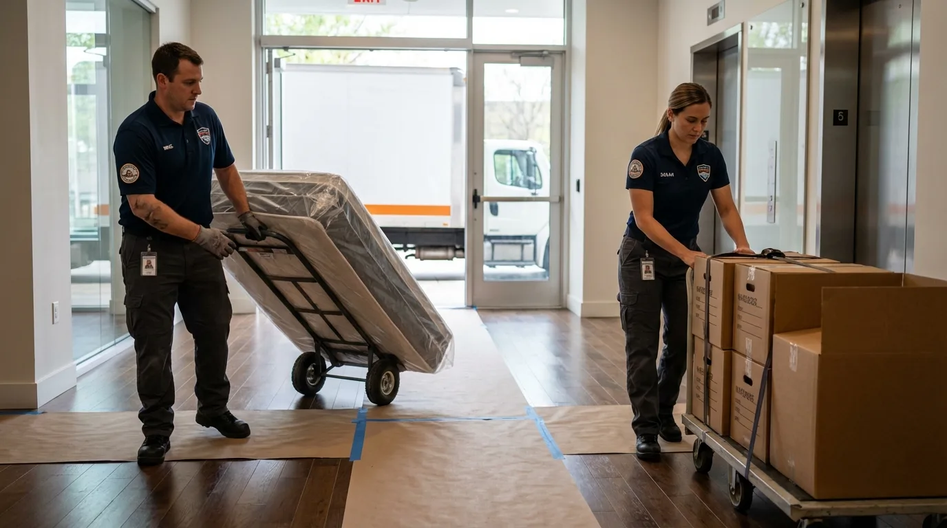 Professional apartment movers loading elevator in Washington, KS