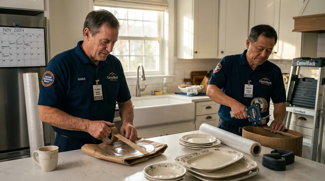Professional crew packing kitchen dishware in Washington, KS